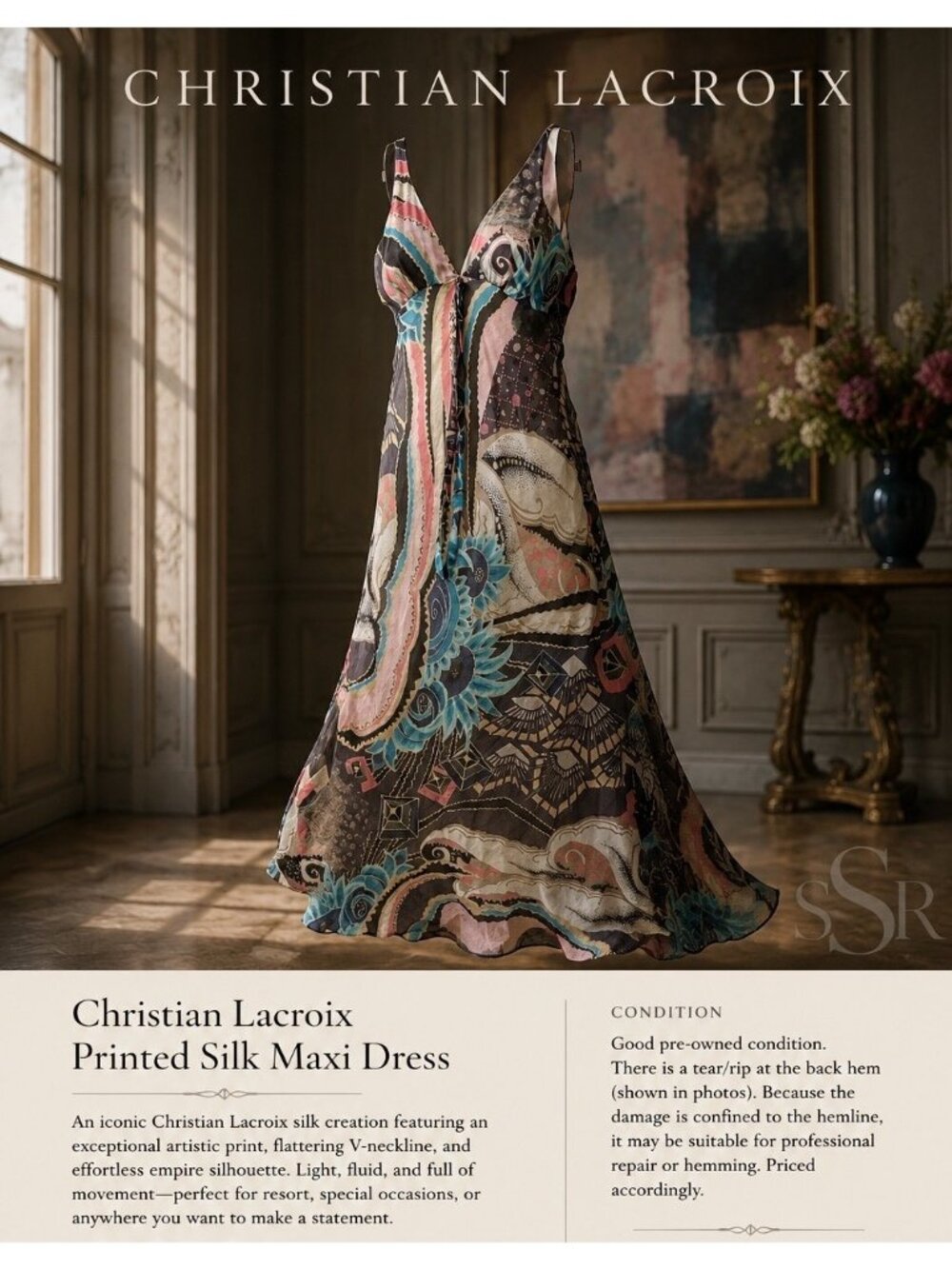 Christian Lacroix Silk Abstract Print Maxi Dress FR 38 US 6 V-Neck Empire Resort - Picture 2 of 11